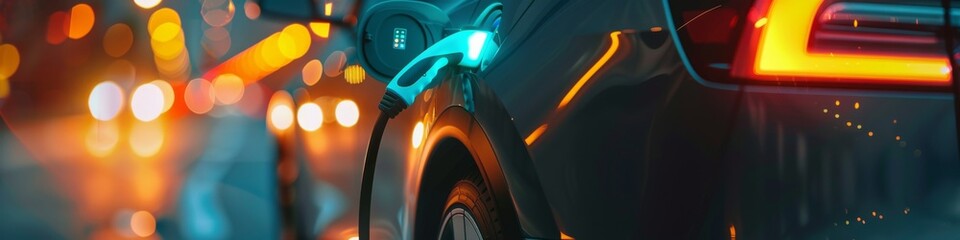 Close view of an electric car fuel socket being charged at a home station eco friendly future concept - obrazy, fototapety, plakaty