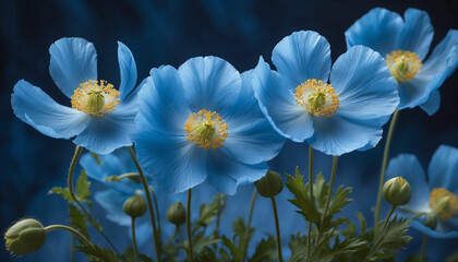 A shot of delicate Himalayan poppy flowers, their vivid blue petals highlighted against a soft, dreamy indigo background and the focus is on capturing the intricate details of the petals