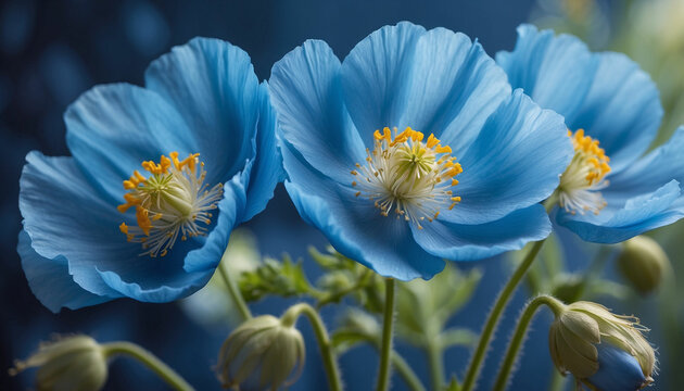 A shot of delicate Himalayan poppy flowers, their vivid blue petals highlighted against a soft, dreamy indigo background and the focus is on capturing the intricate details of the petals