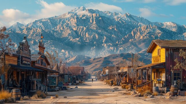 Wild West Town Street. Colored Vintage Old Looking Photo Of Empty Streets Of Abandoned Ghost Town Bodie In California.