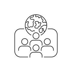 Planet earth with people icon line style isolated on white background. Vector illustration