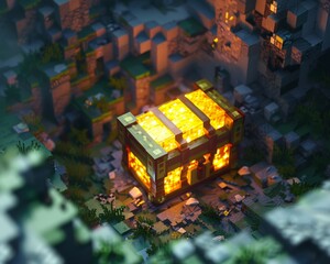 3D secluded golden treasure chest its glow illuminating a secret cave network beneath a rugged mountainous terrain 8-bit pixelated block
