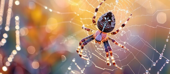 Close-up of a scary spider hanging on its silky web in a dark environment