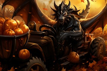 A dragon sits among pumpkins in a cart, like a surreal still life painting