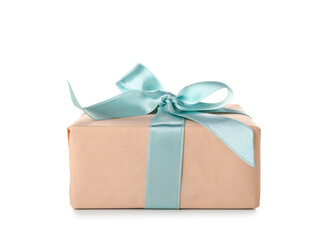 Gift box with blue bow on white background. International Women's Day
