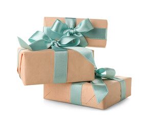 Gift boxes with blue bows on white background. International Women's Day