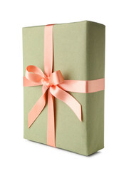 Green gift box with pink bow on white background. International Women's Day