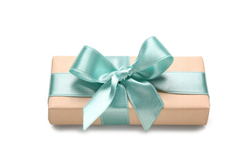 Pink gift box with blue bow on white background. International Women's Day