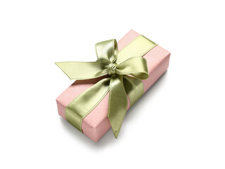 Gift box with green bow on white background. International Women's Day