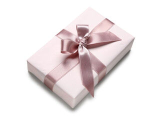 Gift box with pink bow on white background. International Women's Day