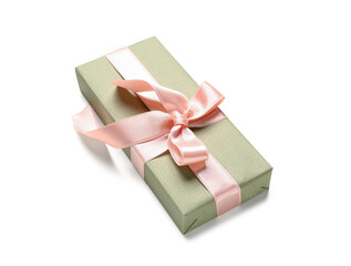 Green gift box with pink bow on white background. International Women's Day
