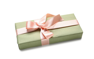 Green gift box with pink bow on white background. International Women's Day