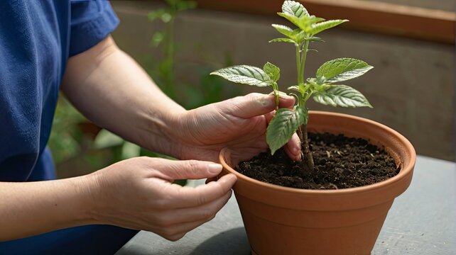 A woman's hands engage in repotting a plant by transferring it from one receptacle to another.