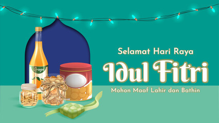 Translation : Happy Eid Mubarak. Eid al Fitr Celebration Banner with Typical Indonesian Cookies, Ketupat and Syrup