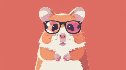 Illustration in flat style, A cute little hamster wearing glasses posed against a studio background