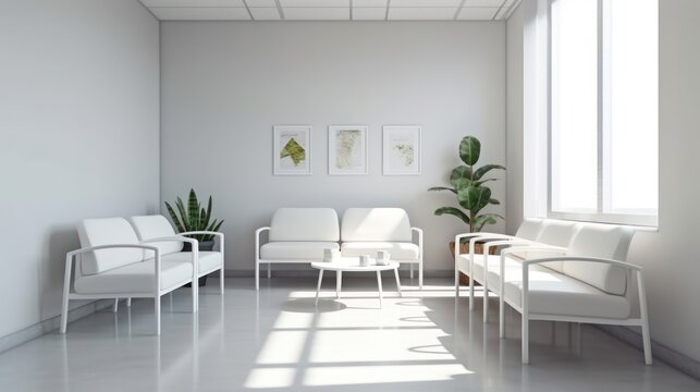 White office waiting room corner with sofas and blank wall, Concept of relaxation.