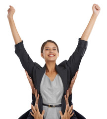 Corporate woman, success in portrait and yes, praise from team with cheers and arms raised for win on white background. Excellence, pride and happy for promotion or bonus with support from group - obrazy, fototapety, plakaty