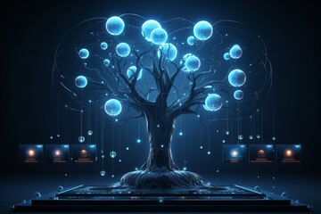 A tree in the dark emits bubbles of aqua liquid, creating a mystical atmosphere