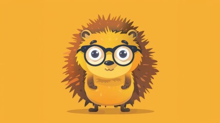 Illustration in flat style, A cute little hedgegog wearing glasses posed against a studio background