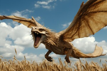 A dragon soaring through the sky with its mouth open over a wheat field