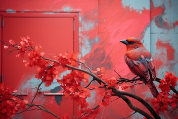 Songbird perched on twig with red flowers by red door