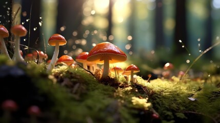 We are going to pick mushrooms, toadstools (boletus) with shiny light brown caps growing above ground in soil in rainy woodland forest during autumn. - obrazy, fototapety, plakaty