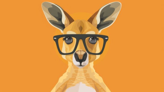 Illustration in flat style, A cute little kangaroo wearing glasses posed against a studio background