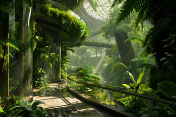 Utopian Future Rainforest, natural light, city, sunlight filters through the leaves, abandoned city, pathway.