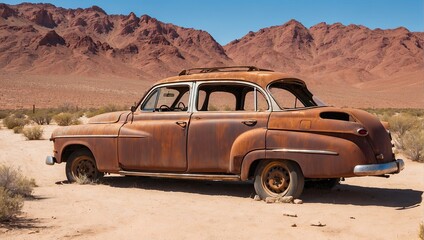 Fototapeta na wymiar a rusted old car in the middle of a desert