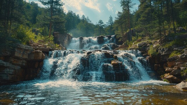 Waterfall hidden in the tropical jungle, Waterfalls in rocky landscape