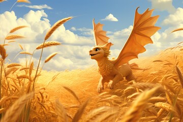 A dragon overlooking a wheat field under a cloudy sky