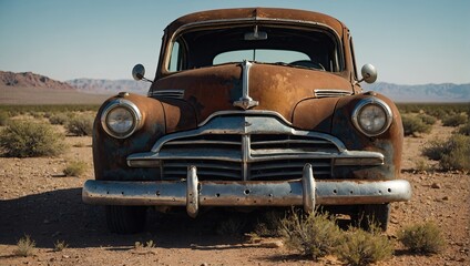 Fototapeta premium a rusted old car in the middle of a desert