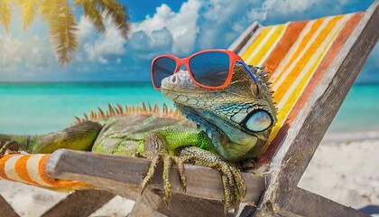 Iguana wearing sunglasses and lounging on a chair on the beach during a sunny summer day - obrazy, fototapety, plakaty