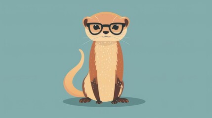 Illustration in flat style, A cute little weasel wearing glasses posed against a studio background