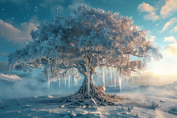 3d render of a tree whose roots are warmed by geothermal heat and branches hang with icicles - obrazy, fototapety, plakaty