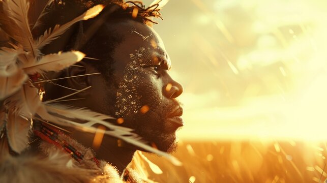 A Zulu warrior gazes into the distance with an air of determination his traditional headdress blowing in the wind. This warrior is a symbol of resilience and strength.