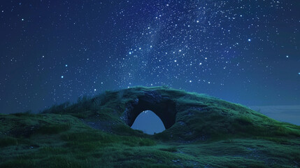3d render of a portal atop a simple grassy hill under a vast starry night sky - obrazy, fototapety, plakaty
