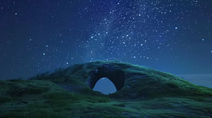 Fotobehang 3d render of a portal atop a simple grassy hill under a vast starry night sky © pprothien