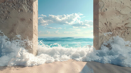 3d render of a portal beneath the waves seen from a tranquil sandy beach