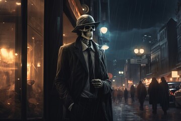 Skeleton business suit night. Poster house. Generate Ai