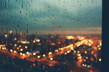 a view of a city at night through a window with rain drops on it