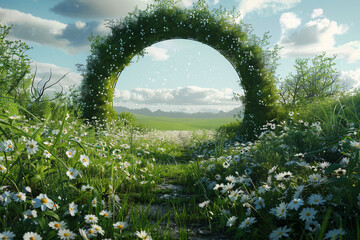 3d render of a portal in a tranquil open field with a minimalist path leading through wildflowers