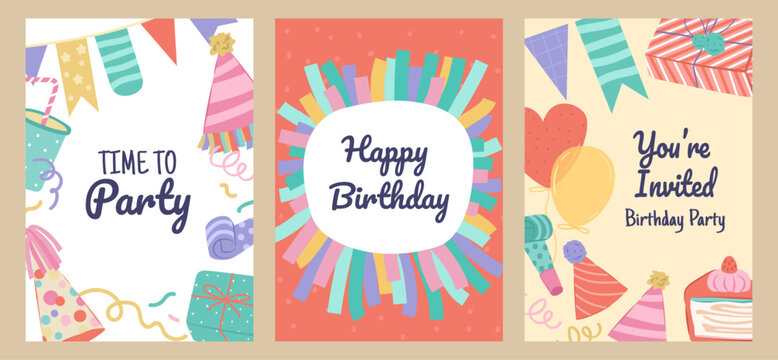 Set of birthday party portrait greeting cards for invitation and decoration