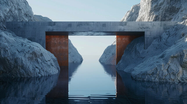 3d render of a portal on a minimalist bridge spanning an endless chasm