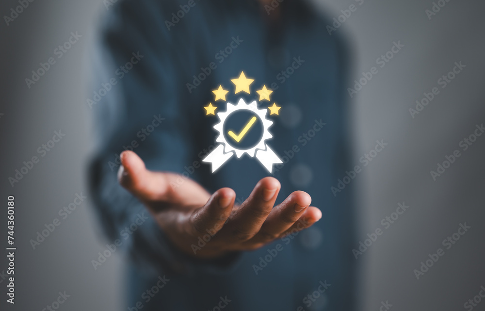 Aufkleber Quality management with Quality Assurance or QA and Quality Control or QC and improvement. Standardization and certification concept. Compliance to regulations and standards. Concept with manager.