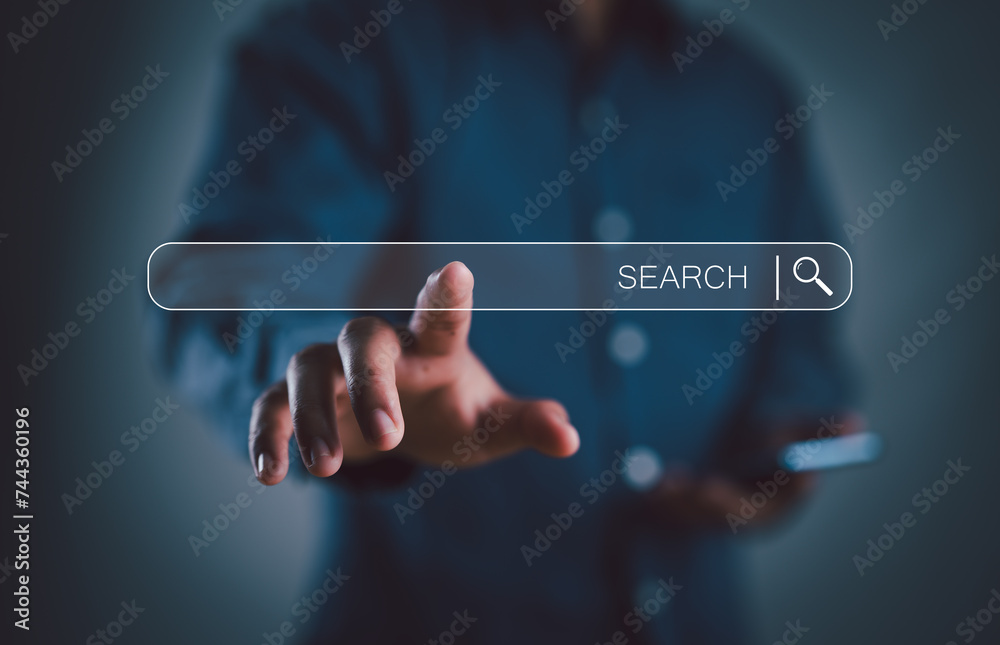 Leinwandbilder Data Search Technology, Search Engine Optimization. Man's hands use smartphone and touching on search bar to searching for data information. Using Search Console with your website.