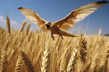 Bird soaring above wheat field in ecoregion, natural landscape
