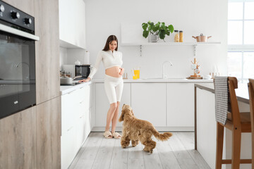 Young pregnant woman with cocker spaniel in kitchen