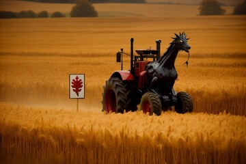 An automotive tire vehicle resembling a horse drives through a wheat field
