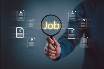 Job search, find your career, Job recruit employee, Human Resources HR management Recruitment Employment Headhunting, man use magnifier search and select job applicants in process, selecting people.
